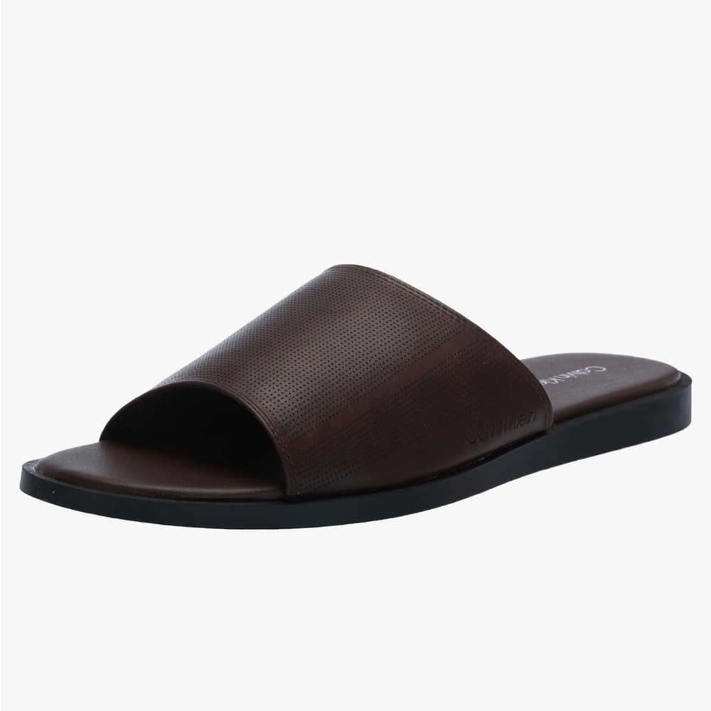 Calvin Klein Brown Leather Slide Sandals